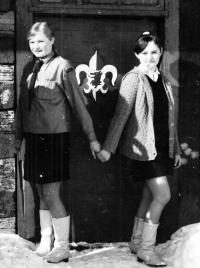 Jarmila Sikorová (right) in front of the Scout clubhouse in Hrčava / circa 1968