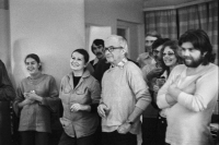 At Pavel Kohout's in Sázava. From left Ivana Koutská, Zdena Tominová, Václav Vendelín Komeda, Zdeněk Urbánek, Ludvík Vaculík, Daňa Horáková and Vlasta Třešňák 