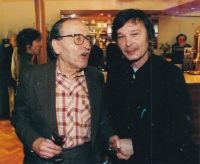 With Rudolf Battěk, his friend from the dissident movement, Chair of the Chamber of People of the Federal Assembly (died on March 17, 2013, at the age of 88), in the Academia Café in Prague, around 2008 

