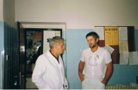 With MUDr. Novotny, to whom he handed over the Anaesthesiology and resuscitation department senior doctor position, before the rounds, 1980s