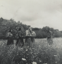 Zdena Krejčíková with Girl Scout Group 34 while searching for a campsite, 1947