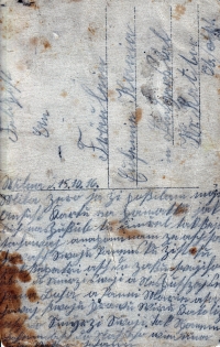 
The other side of the photo of A. Foltýnková's grandfather from World War I / he writes greetings to his daughter Eufemie / 1916