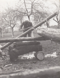 Jan Hrad's father at work with wood; he also made pumps that drilled the boreholes