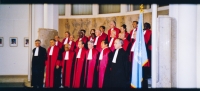 The witness (above, the third one from the right) with her colleagues judges in the Hague

