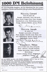 Německý leták s popisem hledaných bratrů Mašínů a Milana Paumera, říjen 1953