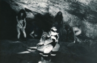 Choreographer and dancer Frank van de Ven, collaborator of Min Tanaka, during a performance in the Drásov Cave, 1985