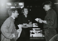 Ondřej Hrab (left) with Japanese dancer Min Tanaka (centre) and Welsh singer John Cale (right) at the opening of the Archa Theatre, 5 June 1994 