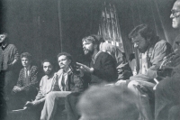 Meeting of representatives of Czech and Moravian theatres at the Theatre on the Balustrade. Ivan Rajmont, Alexander Tomský, Karel Král, Miroslav Krobot, Ondřej Hrab (centre), Václav Petrmichl and Miroslav Macháček, 25 November 1989