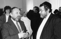 Official launch of Karel Gutmann’s exhibition at the Orlická Gallery in Rychnov nad Kněžnou, the witness is captured with Supreme Rabbi Karol Sidon, 1994