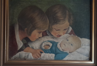 Obraz malovaný tatínkem. Jiří Chlumský jako novorozeně se sestřenicemi