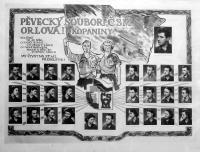 Karel Pyško (uprostřed dole) na tablu pěveckého souboru v Orlové-Kopaninách / kolem roku 1950
