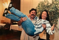 Libor Zavoral holding popular singer DJ Bobo in his arms, Karlovy Vary, 1990s