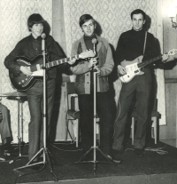 The Tone Hunters band commemorating the 50th anniversary of the Great October Socialist Revolution at the Hotel International, from the left Jakub Noha, Václav Roháč, Martin Jung, 1967
