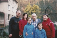 The Flanderka family in the mill yard, from left: son Miroslav, daughter-in-law Bohdana, granddaughter Anežka, Miroslav Flanderka senior, grandson Jáchym and Věra Flanderková, 2015