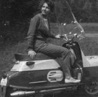 Věra Flanderková on her new scooter, 1960