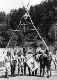 Jiří Maršík (far right) at the scout camp site in Krčkovice, 1971