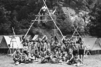 Group photo of Mladá Boleslav’s First Scout Club at the camp site in Krčkovice, 1971