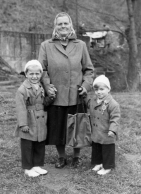 Jiří Maršík (left) with paternal grandmother and younger brother František; Krnsko, 1955
