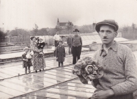 Rodinné zahradnictví v Kvasicích. Zleva sestra Růžena, maminka drží v náručí pamětníka, muž v klobouku děda, muž se salátem otec, 1936