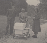 Babička a děda Linhartovi, maminka Irena a Rita v kočárku, Hronov, 1953