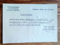 Potvrzení pro Němku Gertrudu Blaschkovou z Větrova (Ringenhain) z 12. 6. 1945, že pracuje ve frýdlantské přádelně (sloužilo jako povolení k pobytu a chránilo před vysídlením)