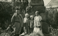 The Jelen family, members of Sokol, at the memorial plaque of Dr. Tyrš in Kylešovice. From left: father František, sister Eliška, Marie Králová, mother Anna