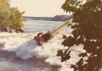 Milan Jiricek in kayak, Delaware, New Jersey, 1979