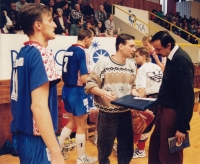 Vlastimír Lenert as the Dukla Liberec coach in the 1990s. Hitter Martin Nečas is left and assistant coach Luboš Bednář is centre