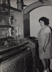 Milada Pavelková at a weaving plant, Červená Voda, 1970s