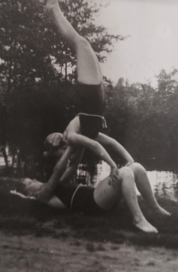 Exercising with her sister Irena, 1950s
