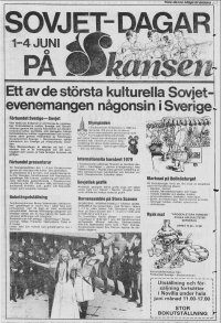 Sovětské dny se konaly ve Skansenu, Stockholmském muzeu a zoo. Výbor solidarity s východní  Evropou a další organizace proti tomu demonstrovaly  (1979)