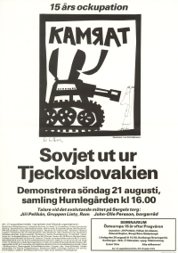 Plakát na demonstraci ve Stockholmu s titulkem Sověti pryč z Československa (1983)