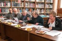 As the chairman of the committee during the state final examinations of students of the Department of Design in the North Bohemian Museum in Liberec (from left: glass artist and teacher doc. Ilja Bílek, glass artist and pedagogue Oldřich Plíva, O. P., painter Jiří Nepasický and jewellery designer and pedagogue doc. Ludmila Šikolová), 2014
