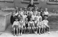 Mr. Jágr (top row, far right) at kindergarten. 1935 or 1936