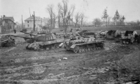 Wrecks of tanks and military equipment at the Štítina railway station in 1945