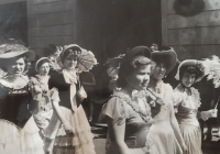 Majáles in Teplice, 1956, Marcela with her friend Marjánka at the head of the procession, in front, Marcela next to her (in the middle of the trio)