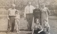 The Kraut family in Čeladná - from left: grandfather Antonín Kraut, Vlasta Krautová, father Oldřich Kraut, mother Vlasta Krautová, grandmother Bohuslava Krautová, below: Božena Krejčí (father's sister), Dagmar Krautová (sister), 1964