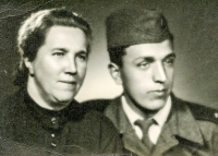 Soldier Vladimír Vlk with his mother Terezie Vlková, née Plank, in 1956