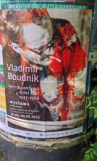 Plakát v centru Wroclawi na výstavu Vladimíra Boudníka, kterou uspořádal pamětník