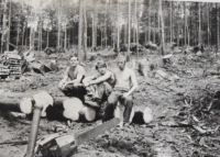 Práce v lese, Dominik Paulovič vlevo, 60. léta 20. století