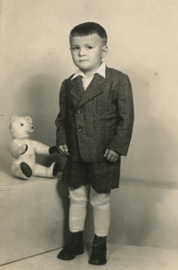Four-year-old Ladislav Cvak with his teddy bear in the studio, ca. 1953