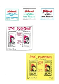 Známky, které vydala Solidarita v roce 1989 s tématy Polsko-československé solidarity a 20. výročí upálení Jana Palacha a Jana Zajíce