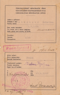 Registrační průkaz Kristiny Bánovské, rozené Stárkové, vydaný Československým repatriačním úřadem 21. dubna 1947
