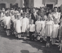 Feast of Corpus Christi in Hroznětín (Magdalena in the front row, first from the left with a hair bow)