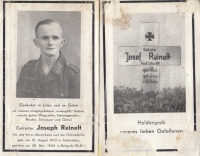 Oznámení o úmrtí dědy Josefa Reinelta v roce 1942
