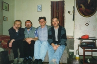 From left to right: Nazar Honchar, Ihor Rymaruk, Ivan Luchuk, and Vasyl Gabor. In Yaroslav Pavliuk's apartment. Lviv, late 1990s