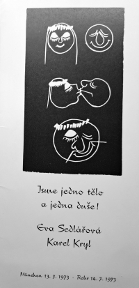Svatební oznámení Evy Sedlářové a Karla Kryla, autorem grafiky byl Karel Kryl