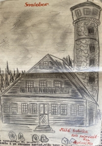 Obrázek rozhledny Svatobor, který malá Sylva namalovala babičce na památku