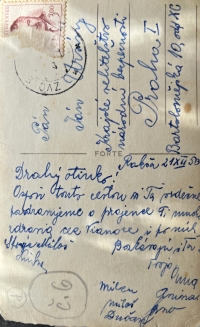 Hana Hrdinová, zadní strana pohlednice zaslané otci Jánu Ursíny do vězení, 1950