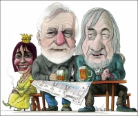 Miloslav Čejka, karikatura od Pavla Beneše, s architektem Fetterlem, 2020